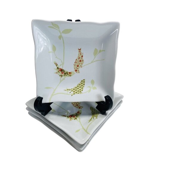 222 Fifth 6" Square Plates Set Bird & Leaf Botanical Ruffle Appetizer/Dessert - Picture 4 of 7
